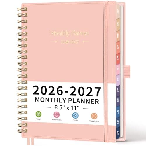 RETTACY 2026-2027 Monthly Planner, Jan 2026 - Dec 2027, Large Size (8.5" x 11"), Agenda, Calendar, 24 Month Tabs, Flexible Plastic Cover, 100 GSM Thick Paper, Spiral-bound (Pink)