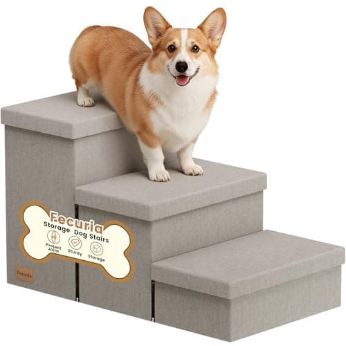 Fecuria 3-Step Wide Dog Stairs with Hidden Storage 18" H, Non-Slip Dog Steps for High Bed Couch Window Car, Jiont-Friendly Pet Stairs Ramp for Small/Medium/Large Old Dogs Cats Up to 200lbs, Grey