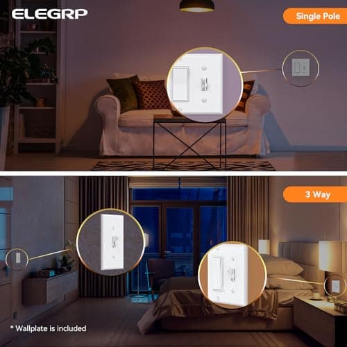 ELEGRP Digital Toggle Dimmer Switch for Dimmable LED, CFL and Incandescent Light Bulbs, Single Pole or 3-Way Toggle LED Dimmer Light Switch, Wall Plate Included, UL Listed, 6 Pack, White 5
