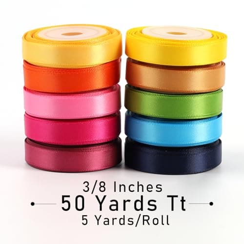 LaRibbons 10 Color 50Yards Solid Satin Ribbon,3/8" X 5 Yard/Roll Colorful Double Face Rainbow Ribbon for Crafts,Flower Bouquet,Gift Wrapping,Hair Bows,Birthday,Wedding Party Decoration 5