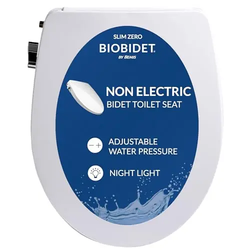 Bio Bidet Slim Zero Non Electric Bidet Toilet Seat Round, Low Profile Seat with Slow Close Lid, Battery Powered Night Light, Dual Nozzles, White