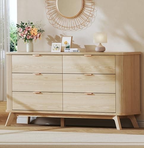 HUAHUU 55" Wide Fluted 6 Drawers Dresser for Bedroom, Mid Century Modern Dresser & Chests of Drawers, Curved Profile Design, Dressers TV Stand, Wood Storage for Hallway, Entryway, Oak