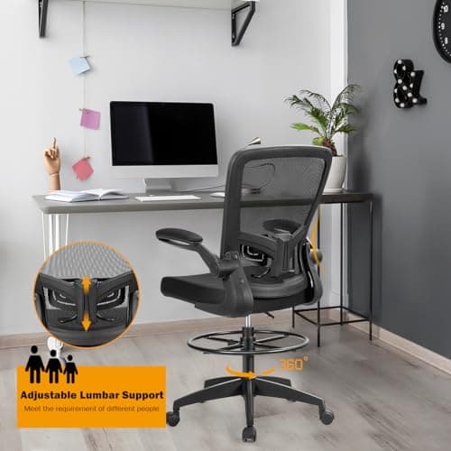 Giantex Drafting Chair High Back Office Chairs with Footrest Ring Flip-Up Armrest Height Adjustable Executive Desk Chair Ergonomic Mesh Computer Task Chair Lumbar Support Tall Office Chair (1, Black) 5