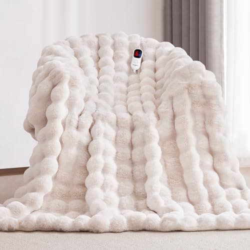 Anysay Heated Blanket Queen Size with 1/2/4/6/8 Hours Auto-Off 10 Heat Level, 72'' * 84'' Cozy Faux Rabbit Fur Bubble Electric Blanket with Overheat Protection(White)