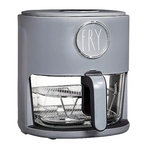 Rae Dunn 1200W 4Qt Air Fryer with GLASS Frying Basket, Dishwasher Safe, 2 Tier Tray, 60 Minute Timer, Digital Touch Display, and 6 Presets - Variable Temperature Control 175F - 400F, Grey