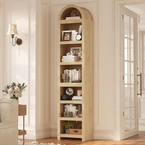 UPOSOJA 76" Tall Narrow Arched Bookcase,7-Teir Mid-Century Modern Bookshelf,Adjustable Shelves offering More Storage Space for Living Room,Kitchen,Home Office,Oak