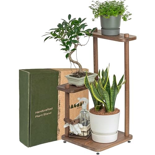 BAOBAB WORKSHOP 3 Tier Plant Stand Indoor - Wood Corner Plant Shelf Display Plant Rack - Wooden Flower Pot Stand for Living Room Balcony - Two Tier Plant Stand - Walnut Color - 13.5D x 13.5W x 27H