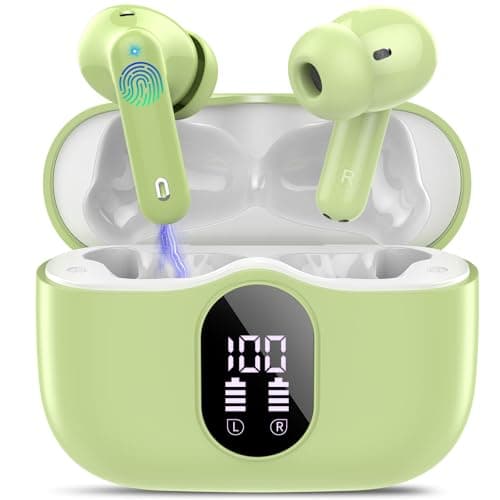 Wireless Earbuds, Bluetooth 5.4 Headphones Bass Stereo, Ear Buds with Noise Cancelling Mic, IP7 Waterproof in Ear Earphones, 36H LED Display Bluetooth Earbuds for Laptop Pad Phones Sports, Grass Green
