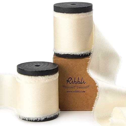 Ribbli Ivory Silk Satin Ribbon 1.5 Inch x 12 Yard Handmade Frayed Chiffon Ribbon with Wooden Spool for Gift Wrapping, Wedding Invitations, Bridal Bouquets, Home Decor