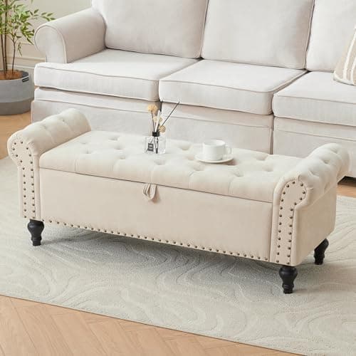 Dowiean 51" Storage Ottoman Bench, End of Bed Bench for Bedroom, Storage Ottomans for Foot of Bed, Chenille Upholstered Benches, Window Benches for Living Room, Entryway, Beige 8