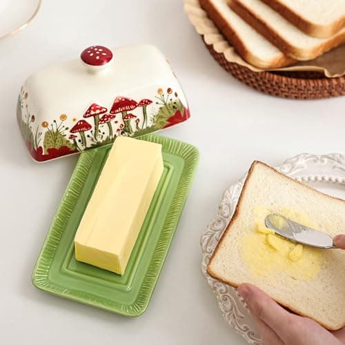 Fungi Fun Mushroom Butter Dish With Lid – Cute Cottagecore Ceramic Storage Container, Vintage French Covered Tray, Boho Farmhouse Kitchen Decor Gift, Unique Countertop Holder (White, Standard) 5