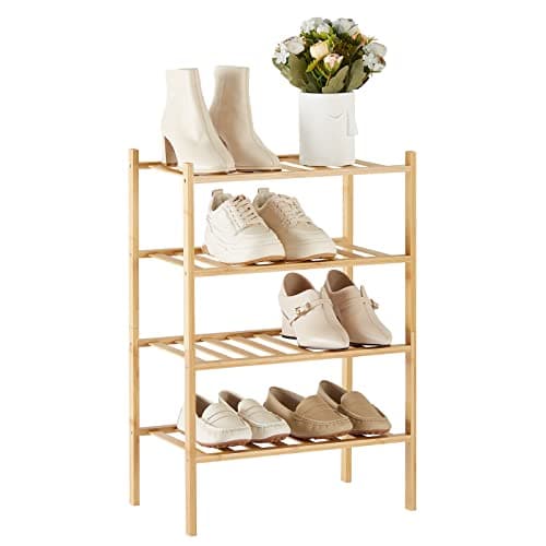 Trenect 4-Tier Narrow Shoe Rack for Entryway Closet - Stackable Organizer Storage, Bamboo Vertical Small Shelf, Free Standing, D11 * W17.7 * H26.2 Inches (Natural)