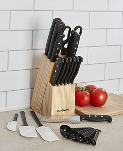 Farberware 22-Piece Never Needs Sharpening Triple Rivet High-Carbon Stainless Steel Knife Block and Kitchen Tool Set, Black, Durable ANDPrecision Cutlery 6