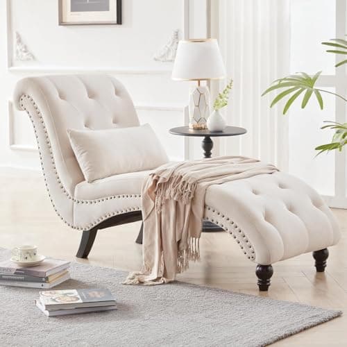 Weture Tufted Soft Chaise Lounge Indoor, Linen Rivets Chaise Lounge Chair for Bedroom Living Room, Armless Upholstered Chaise Couch Chair with Square Cushions and Solid Wood Legs, Beige 6