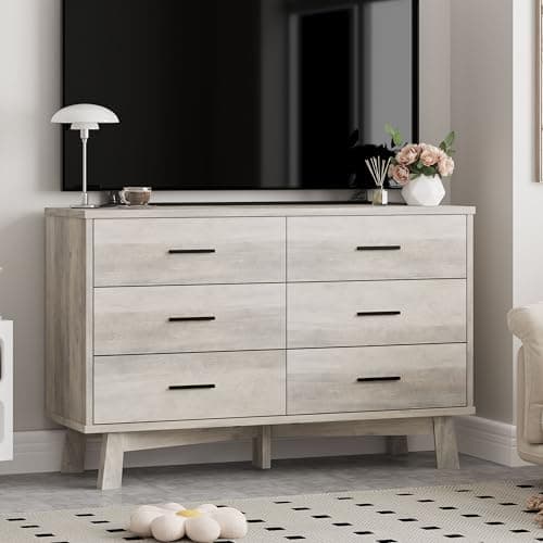 Xixini Dresser for Bedroom, 6 Drawer Wide Modern Chest of Drawers with X-Shaped Sturdy Base, Wood Double Dresser Closet Clothes Storage Organizer, Wooden TV Stand for Living Room, Hallway, Grey 7