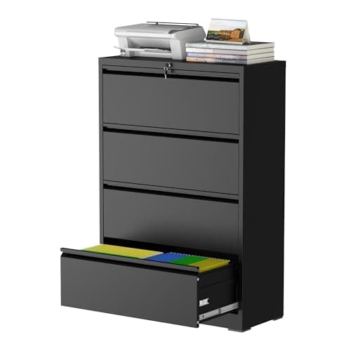 FOSTOKO 4 Drawer Lateral File Cabinet with Lock, Metal File Cabinets for Home Office, Steel Heavy-Duty Filing Storage Cabinet for Letters/Legal/A4 (Require Assembly, Black)