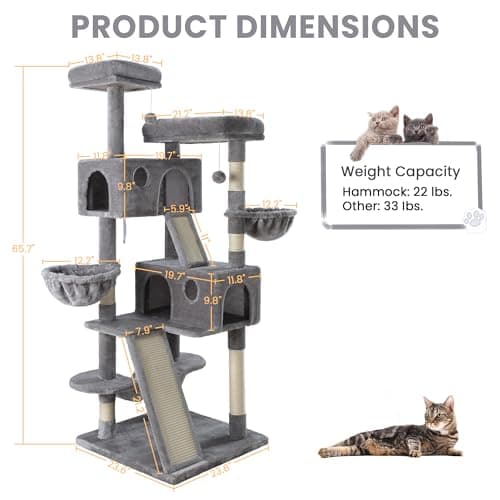 SHA CERLIN 65in Larger Cat Tree Tower Condo for Indoor Kitties/Multi-Level Furniture Activity Center with Wide Base/Cozy Plush Cat Perches/Baskets/Sisal Scratching Posts and Hammock/Grey 8