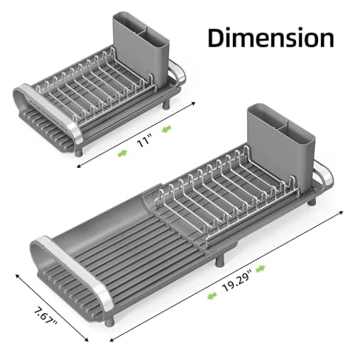 TOOLF Small Dish Drying Rack, Mini Expandable Compact Dish Rack, Slim Extendable Stainless Steel Dish Drainer for Kitchen Plate Storage, Space Saving Dish Strainer in Sink or on Home Countertop, Gray 9