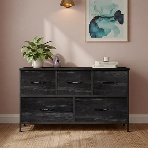 OLIXIS Dresser for Bedroom with 5 Drawers, Wide Chest of Drawers, Fabric Bedroom Dresser with Drawer Organizer, Storage Organizer Unit with Fabric Bins for Closet, Living Room, Hallway, Black Wood 8