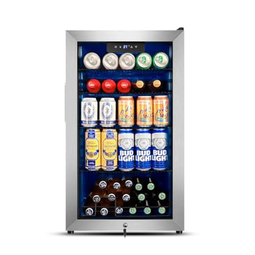 Tylza Beverage Refrigerator Cooler, 130 Cans 3.22 Cu.Ft Small Refrigerator with Low-E Glass Door, Lock, 17-Inch Beer Fridge for Drinks, Beer and Wine, Mini Fridge for Bedroom, Office and Bar, Silver