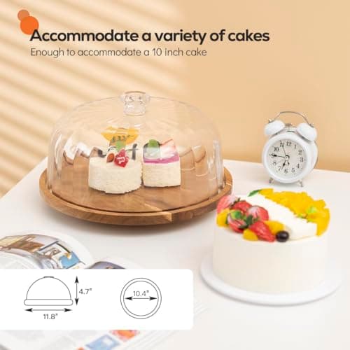 cutesun Cake Stand with Lid, Rotating Cake Stand with Lid & Dome, 11.8'' Acacia Wood Shatterproof 10.4'' Acrylic Cake Display Stand for Wedding, Birthday, Parties 6