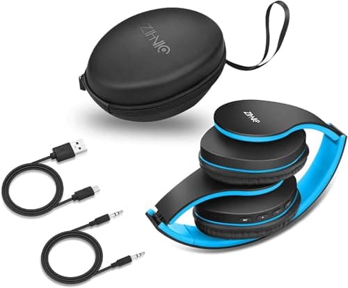 ZIHNIC Bluetooth Headphones Over-Ear, Foldable Wireless and Wired Stereo Headset Micro SD/TF, FM for Cell Phone,PC,Soft Earmuffs &Light Weight for Prolonged Wearing (Black/Blue) 6