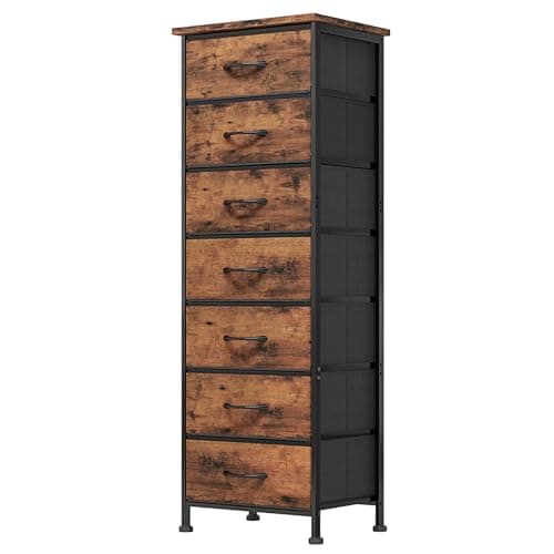 Fixwal Tall Dresser for Bedroom, Storage Dresser Organizer with 7 Fabric Drawers, Nightstand Furniture in Closet, Entryway, Hallway, Rustic Brown Wood Grain Print