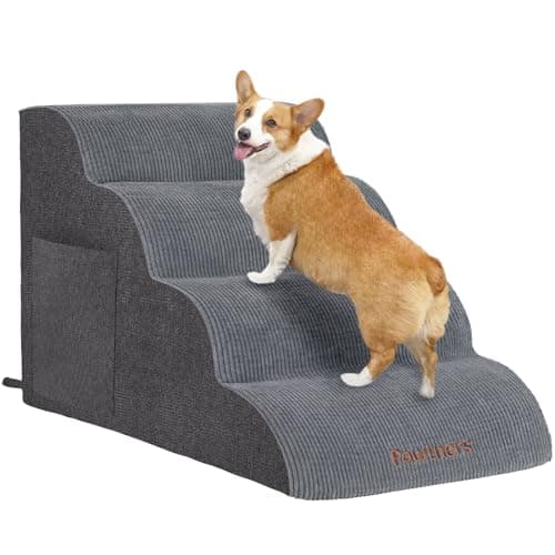 Pawtners 4-Step 16" Tall Dog Ramp for Bed, Grey Foam Pet Stairs with Waterproof Cover and Non-Slip Bottom for Small Dogs, Medium Dogs, and Large Cats