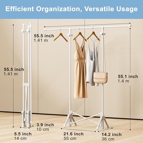 Runsand No Installation Clothes Rack,Portable Folding Carbon Steel Garment Rack - Versatile Heavy Duty Coat Rack with 4 hooks for Indoor and Outdoor Use - great for Home, Camping,Travel (White) 9
