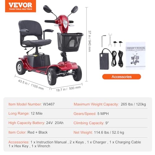 VEVOR Heavy-Duty 4 Wheel Mobility Scooter for Adults & Seniors - Folding Electric Powered Mobility Scooter & 12 Mile Long Range, All Terrain Travel Wheelchair with 9° Climbing Capacity, 265lb Capacity 7