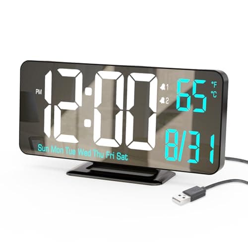 KOSUMOSU Digital Alarm Clock 6.7in Black Clock for Bedroom, Dual Alarm, Date, Seconds,Day of Week,12/24h,Dimming, Temp, Desk Clock, LED Clock for Living Room, Calendar Digital Clock