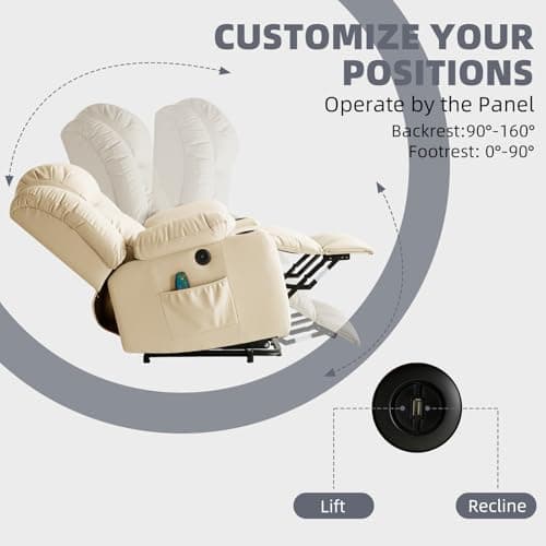 RESTREAL Power Lift Recliner Chair for Elderly, Electric Recliner Chairs for Adults with Massage and Heat, Cup Holders, Remote Control, USB Ports, Side Pockets, Leather (Beige) 5