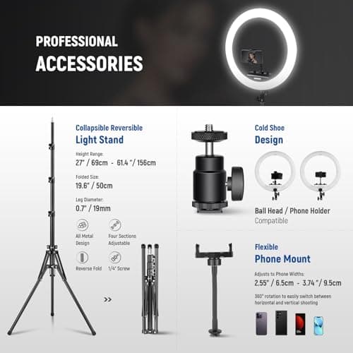 NEEWER Professional 18 Inch Ring Light with Tripod Stand Phone Holder Compatible with iPhone, 45W Remote Shutter App Control, Video Recording Makeup Selfie Studio Streaming Filming, RP18B Pro Black 6