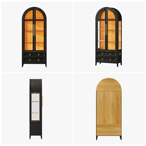 Vlsrka 71" Arched Curio Cabinet with Glass Doors, 4-Shelves Display Cabinet and 2 Drawers, Display Case with 3 Color Lights, Tall Bookcase, Kitchen Pantry, Black+Wood 9