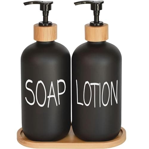 Black Soap Dispenser Bathroom Set, Set with Glass Dispenser, Bamboo Pumps & Tray. Hand and Lotion Suitable for Farmhouse Decor