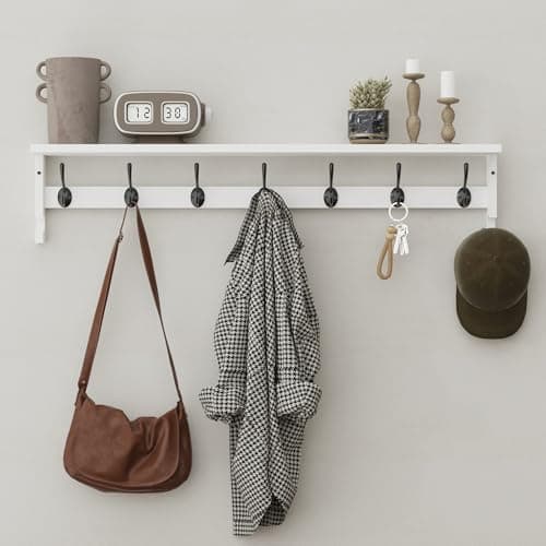 AMBIRD Coat Rack Wall Mount, 35 Inch Large Coat Hooks Wall Mounted with 7 Dual Metal Hooks and 2 Side Hooks, Wall Hooks with Shelf in Entryway, Kitchen, Living Room, Bathroom, Bedroom (White)