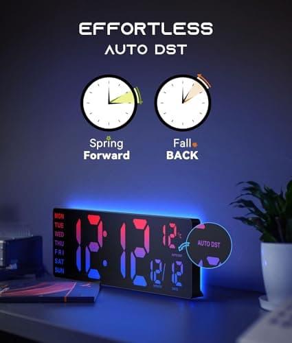 EASYERA 16.5" Large Digital Wall Clock with BT Sync, RGB Lights with 11 Scenes Mode Remote Control, Dual Alarms with Big LED Display, Auto DST, Temperature for Classroom Gaming 8