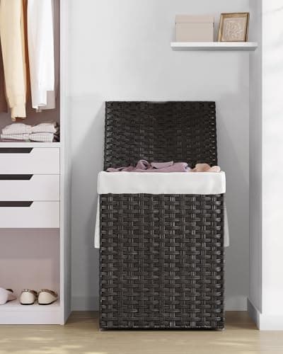 SONGMICS Laundry Hamper with Lid, 23.8 Gallon (90 L) Synthetic Rattan Clothes Laundry Basket with Lid and Handles, Foldable, Removable Liner, Black ULCB51BK 9