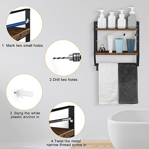 Towel Rack with Shelf 2 Tier Wall Bathroom Shelf with Towel Bar Hooks for Bathroom Living Room Kitchen, Brown 7