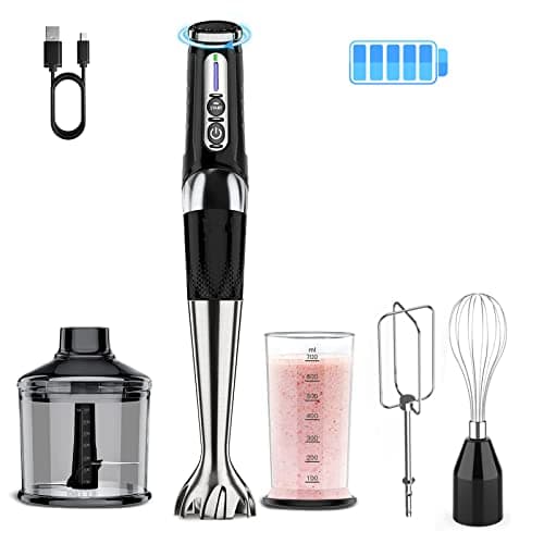 Cordless Immersion Blender: 5-in-1 USB Rechargeable Hand Blender, 21 Variable Speeds & 3-Angle Adjustable with 700ml Chopper, 700ml Beaker, Egg Whisk and Beater for Smoothies, Soup, Baby Food (Black)