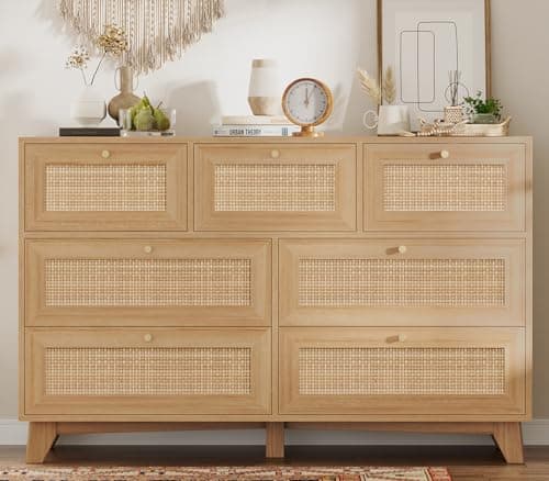 VIAGDO Rattan Dresser for Bedroom, 7 Drawer Dresser with Natural Rattan Drawers, Wooden Wide Cabinet with Gold Handles, Modern Closet Storage Chest of Drawers for Nursery Entryway Living Room