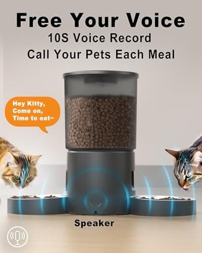 Automatic Cat Feeder 2 Cats, 4.2L Dry Food Auto Dispenser with Double Bowls,Dual Power Supply,Programmable Portion Control,10s Voice Recorder(Black,Stainless Steel Bowls) (Transparent+Black) 6