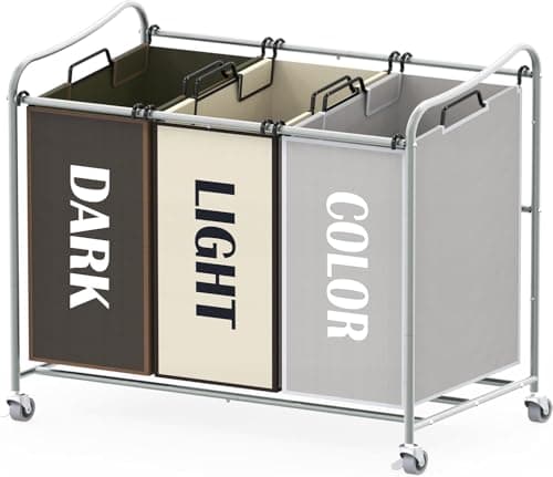 Simple Houseware Heavy Duty 3-Bag Laundry Sorter Rolling Cart, Silver/Assorted – Durable Triple Laundry Hamper with Removable Bags and Lockable Wheels for Laundry Room Organization