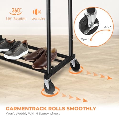 Fishat Stand Portable Black Double Rods Garment Rack with Rolling Clothes Organizer on Lockable Wheels Mobile, 48" W x 15" D x 67" H, Metal Simple Hanging Clothes with 2 Hook 5