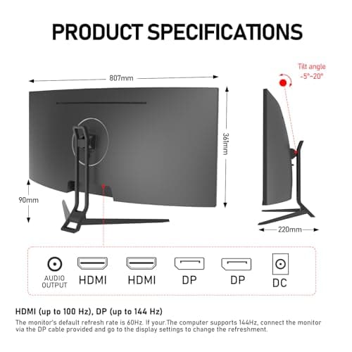 Gawfolk 34 Inch Ultrawide Curved 144Hz Gaming Computer Monitor 1500R PC Screen、21:9 UWQHD (3440x1440),Adaptive Sync,178° Viewing Angle,Display Port、HDMI,Compatible with Wall mounting - Black 7