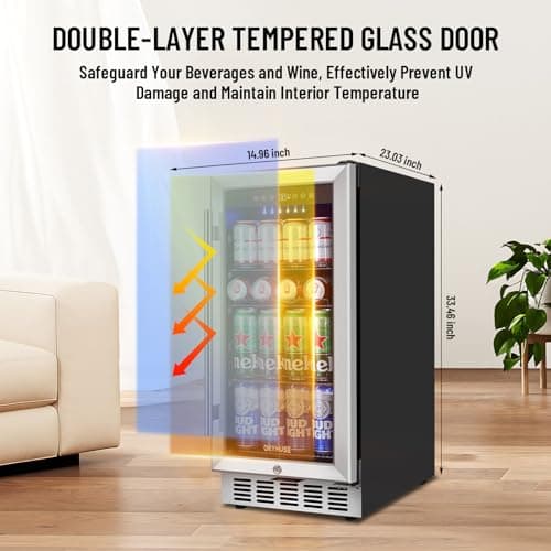 ORYMUSE 15'' Beverage Refrigerator - 130 Can Under Counter Fridge with Lock & Glass Door, Quiet Beer Fridge, Built-in or Freestanding, Powerful Cooling Compressor 7