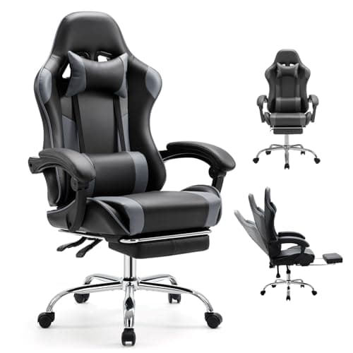DUMOS Ergonomic Gaming Office Desk Chair with Footrest and Headrest for Adults, PU Leather Video Computer Chair with Linkage Armrests, Height Adjustable 360° Swivel Recling Chair, Black Grey