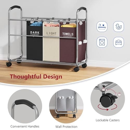 Tajsoon Laundry Sorter 4 Sections, Laundry Separator Hamper with Heavy Duty Lockable Rolling Wheels, Laundry Divider with Removable Bags for Dirty Clothes Storage, 4 Colors 5