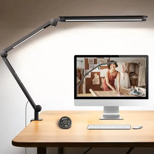 LED Desk Lamp with Clamp, Architect Desk Lamp with Remote, Flexible Swing Arm Desk Light with Dual LED Light, Stepless Dimming, 5 Color Mode & 4 Brightness for Sewing Painting Drafting Crafting