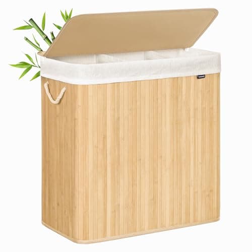 SONGMICS Laundry Hamper, 39.6 Gal. (150 L), 3-Section Laundry Basket, Laundry Hamper with Lid, Bamboo, Foldable, Removable and Machine Washable Liner, for Laundry Room, Bedroom, Natural ULCB091N01
